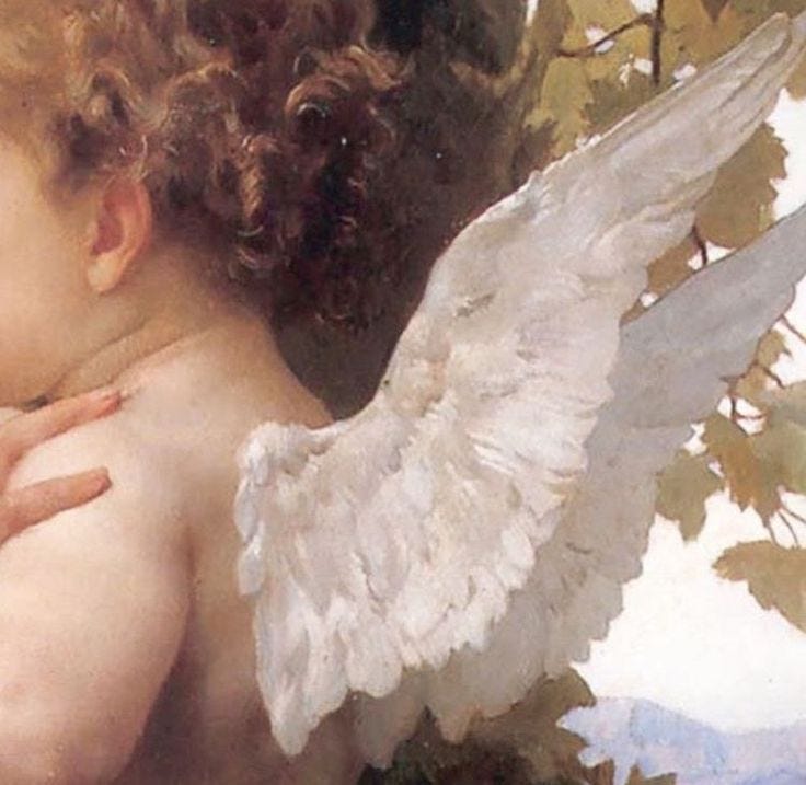 This may contain: an angel with large white wings is hugging a woman's chest