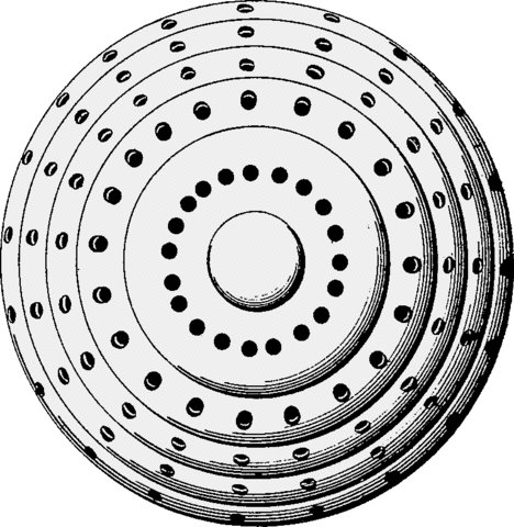 A black and white illustration of a set of concentric circles that are shadowed to show a three dimensional rise. In the centre is a circle like an aureole. There are black dots between the layers indicated by the big circles--these might be studs of some sort.