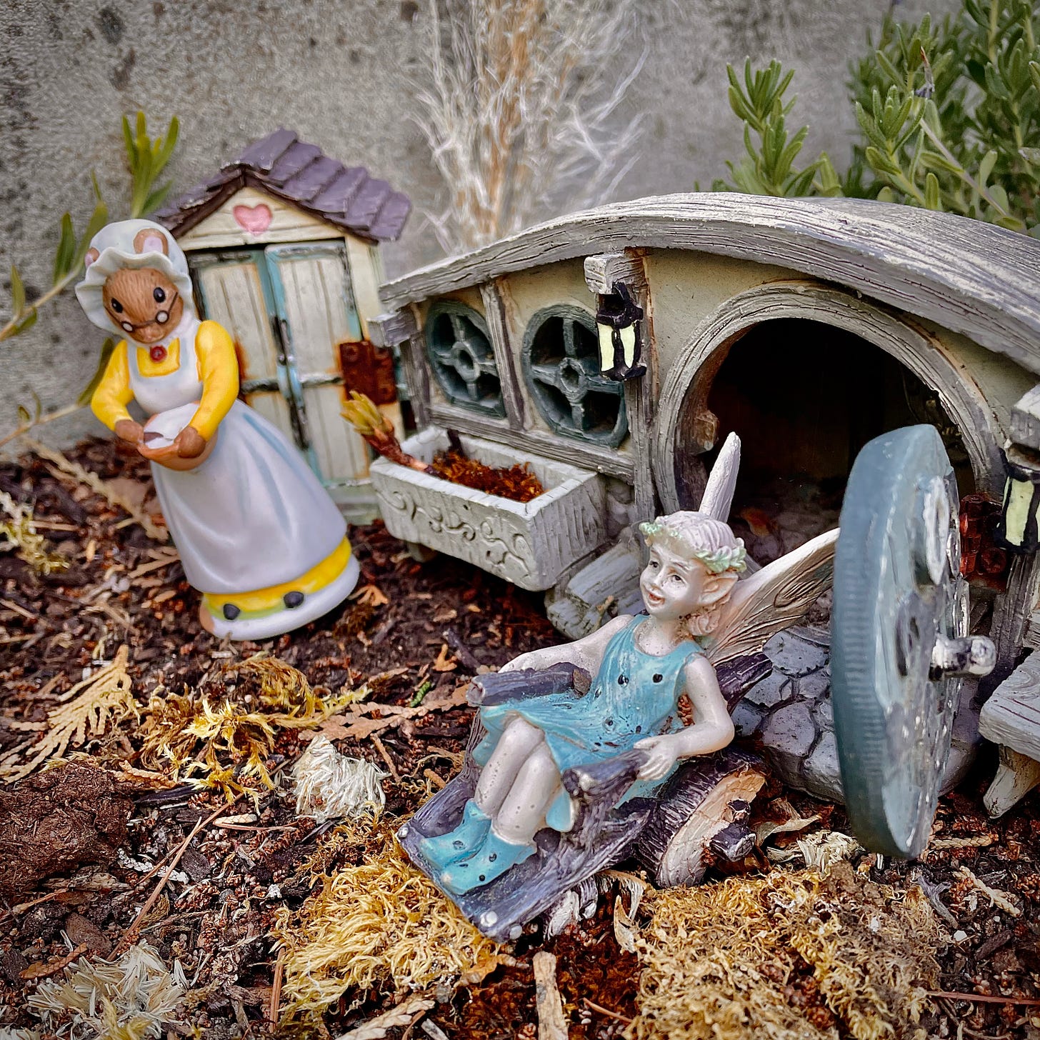 a faery garden with a mouse in dress and glasses, hobbit house, and a faery in a wheel chair with wood wheels.