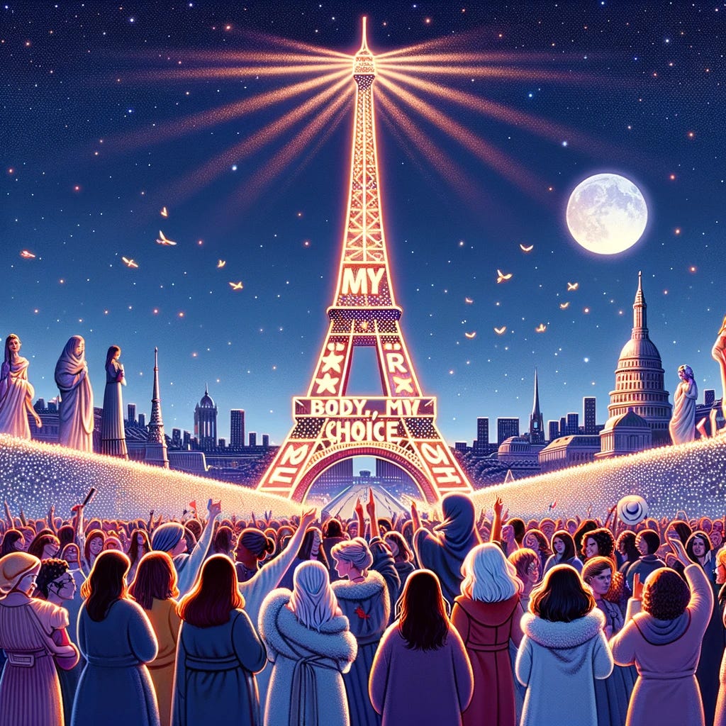 A symbolic illustration capturing a historic moment in France's dedication to women's rights. The scene shows the Eiffel Tower at night, illuminated with the words 'My body, my choice', celebrating the moment when France voted to make abortion a constitutional right. In the foreground, a diverse group of women of various ages and backgrounds is gathered, expressing joy and solidarity. The atmosphere is empowering and festive, with the Eiffel Tower glowing prominently in the background, symbolizing a landmark change in French society and the advancement of women's rights.