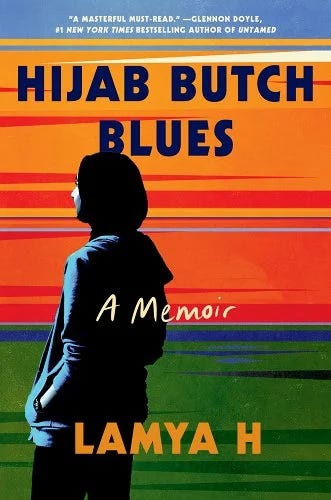 cover of HIJAB BUTCH BLUES featuring a striped background under the image of a silhouette of someone in hijab. 