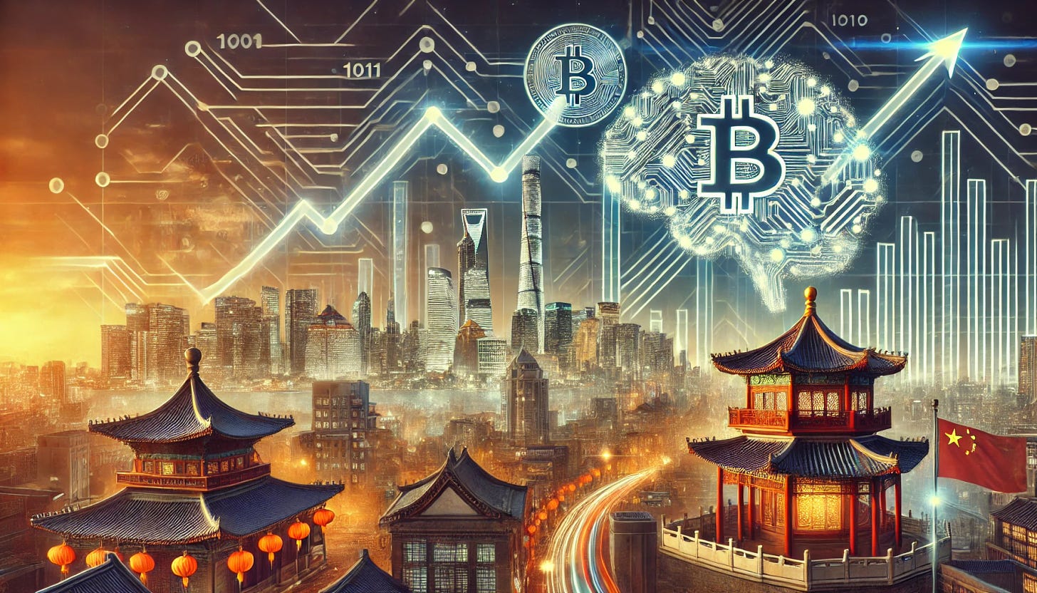 A dynamic illustration symbolizing bullish bets on China, AI, and crypto. In the background, a futuristic cityscape with Chinese architectural elements such as pagodas and modern skyscrapers represents the Chinese market. To the right, a glowing AI brain composed of digital circuits and binary code, connected to networks of data streams, signifies the rise of artificial intelligence. To the left, a large cryptocurrency coin with the Bitcoin symbol stands on top of a glowing chart trending upward, symbolizing the bullish sentiment in the crypto market. The entire image conveys growth, technological advancement, and financial optimism.