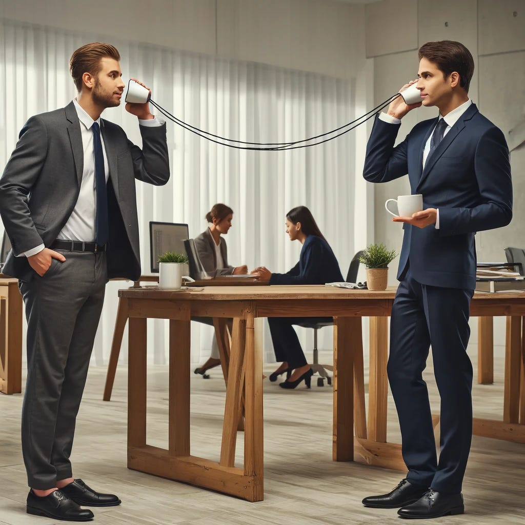 A humorous scene in a business setting with two professionals communicating through cups on a string. The setting is a modern office with desks and computers. One person is standing near a desk, holding a cup to their ear, listening attentively. The other person is across from them, speaking into the other cup with a focused expression. Both individuals are dressed in business attire. The background is minimal to keep the focus on the two people and their unconventional communication method. The overall vibe is playful and lighthearted.