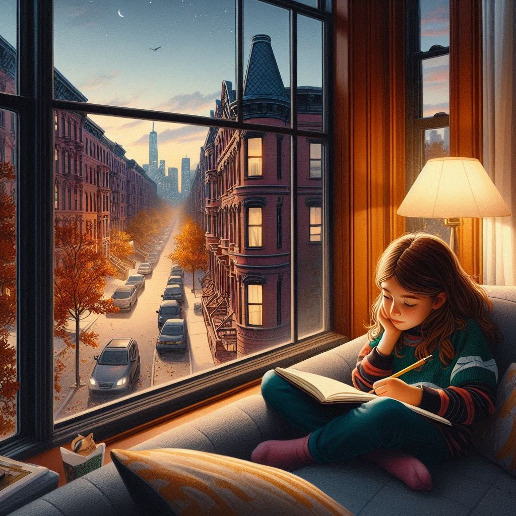 a pensive 10-year-old girl writing in a Moleskine notebook while lying in in a bay window sofa, overlooking a lovely Brooklyn street, at dusk on a fall day, New Yorker cover illustration style