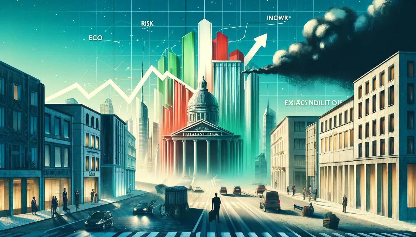 An illustration showing a positive outlook for Italian banks in 2024. The scene includes a modern Italian cityscape with prominent bank buildings, a bright sky, and upward trending graphs. However, some subtle elements of risk are present, like a shadowy figure representing eco tax credit concerns and a dark cloud in the distance. The overall tone should be optimistic with hints of underlying challenges.