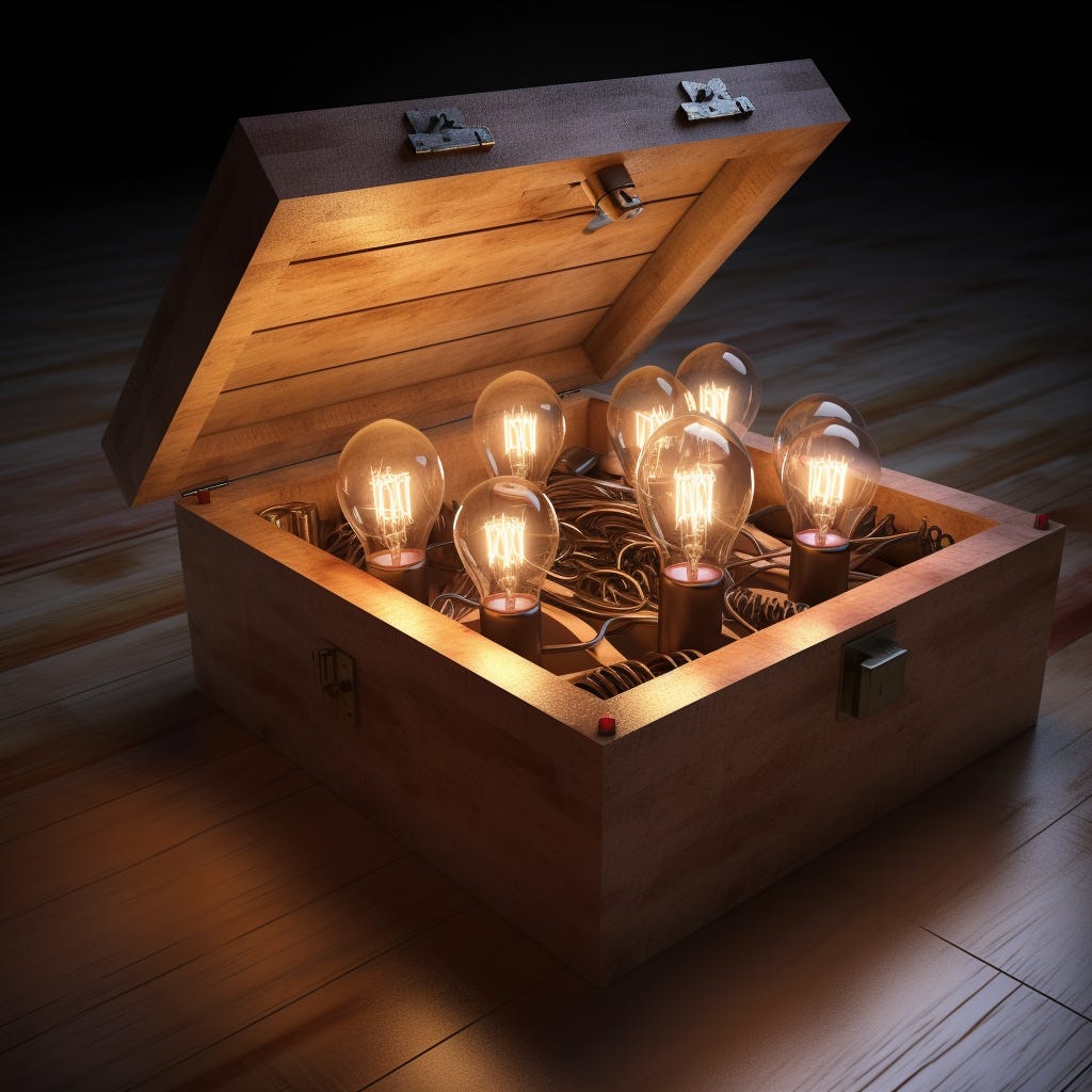 A wooden box containing several lit lightbulbs. The box is partially open to display the contents. 