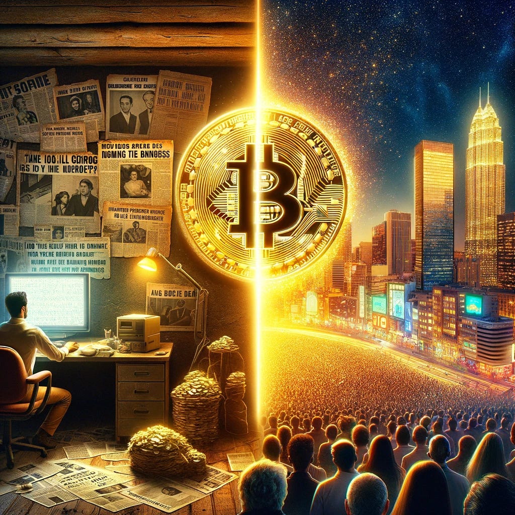 Create an image that visually represents Bitcoin's transformative journey and its impact on national consciousness. The scene is divided into two interconnected halves. On the left side, depict the early days of Bitcoin in a small, dimly lit room with a single computer displaying the Bitcoin logo, surrounded by newspaper clippings questioning digital currencies' future. Transition to the right side into a vibrant scene of a bustling cityscape at night, illuminated in gold with skyscrapers and a large digital billboard showcasing the Bitcoin logo. Below, a diverse crowd of people looks up in admiration, symbolizing the new national consciousness. A golden beam of light from the computer screen bridges the two halves, symbolizing the journey from skepticism to widespread acceptance.