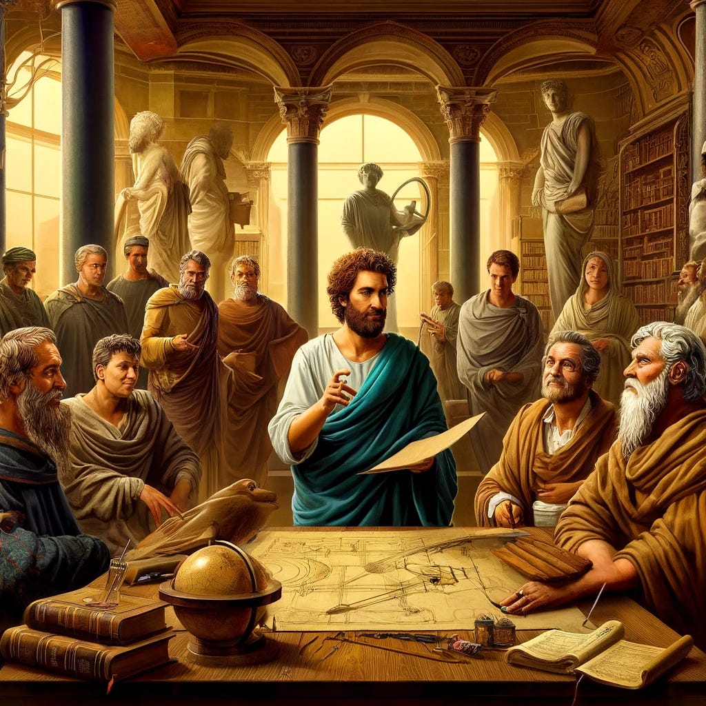 Archimedes in Alexandria, engaging with fellow scholars in an ancient library or scholarly gathering place. The setting includes scrolls, books, and early scientific instruments. Archimedes is depicted as an animated speaker, discussing mathematical or engineering principles with a diverse group of attentive scholars. The room is filled with items like a globe, geometric instruments, and architectural plans, reflecting the collaborative and innovative spirit of the era. The atmosphere conveys a vibrant intellectual exchange, typical of ancient Alexandria.