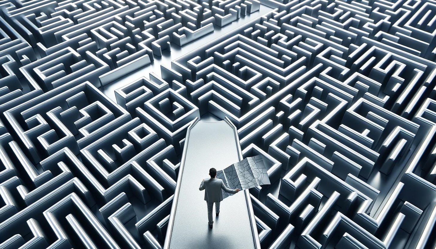 An aerial view of a vast silver maze with a single person at the entrance holding a map, representing the journey of a novice marketer.