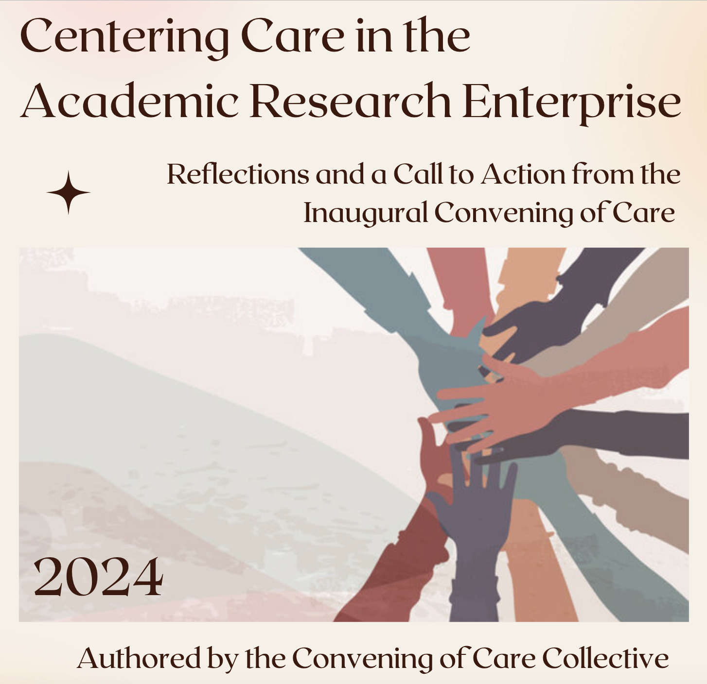 The cover of our white paper, called Centering Care in the Academic Research Enterprise: Reflections and a Call to Action from the Inaugural Convening of Care. Authored by the Convening of Care Collective. The cover has a graphic on it showing many hands reached toward one another.