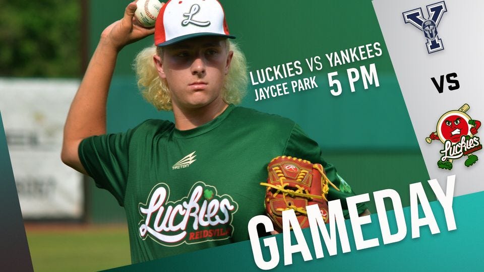 May be an image of 1 person and text that says 'L LUCKIES PARK VS 5 5PM YANKEES JAYCEE JAYCEEPARK 3 vs Luchies TRITON Luchus REIDS GAMEDAY'