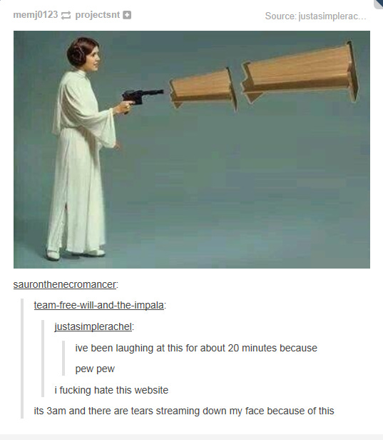 Tumblr post of Princess Leia shooting out PEWS.