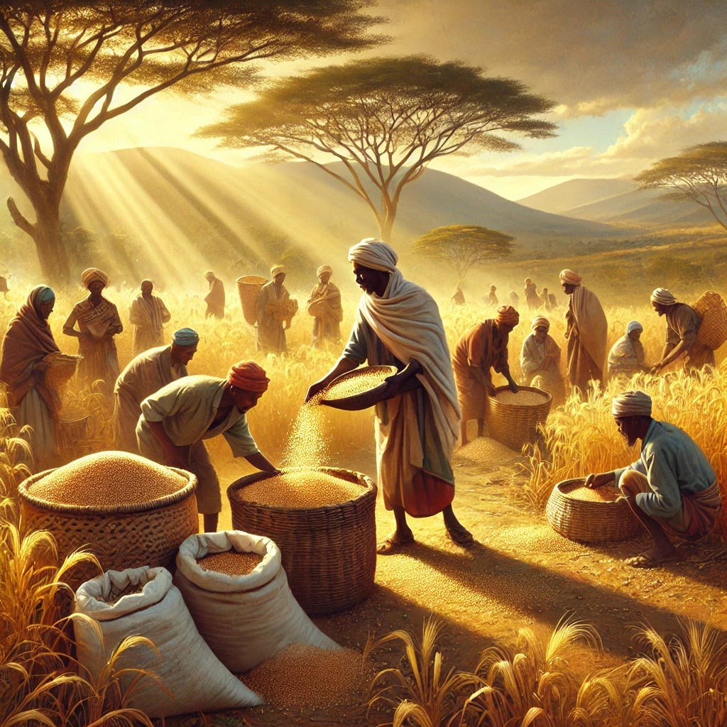 A lively scene of Ethiopian farmers harvesting teff and barley in a sunlit rural landscape. The farmers, wearing traditional Ethiopian attire, are working with simple tools in the golden fields. In the foreground, baskets and sacks filled with teff and barley seeds are visible, symbolizing the fruits of their labor. The background includes distant mountains and acacia trees, adding depth to the scene, while the atmosphere is filled with joy and a deep connection to the land as they gather the precious seeds.