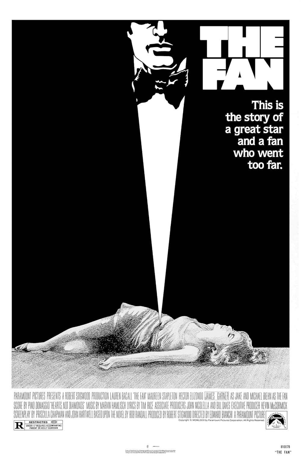 Poster for The Fan, featuring an illustration of a man's tie stabbing into a woman lying dead on the ground. Text reads "This is the story of a great star and a fan who went too far"