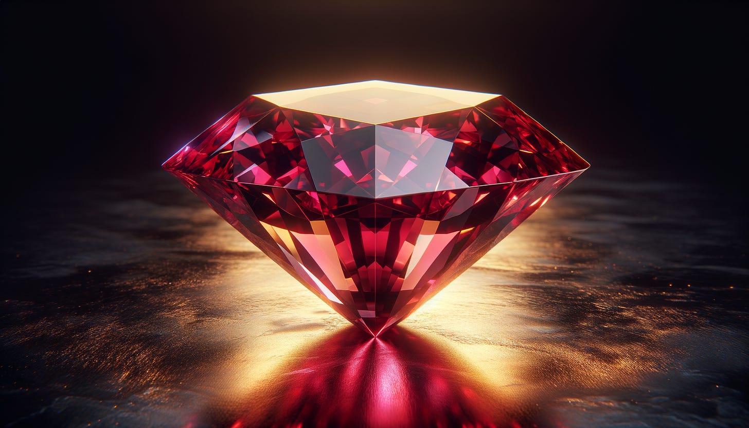 A highly detailed, faceted red gemstone, resembling a ruby, sits on a reflective surface with warm golden and reddish lighting. The gemstone's sharp edges and intricate internal reflections create a mesmerizing visual effect. The background is dark, with subtle highlights accentuating the gem's brilliance. The lighting gives the scene a luxurious and dramatic feel.