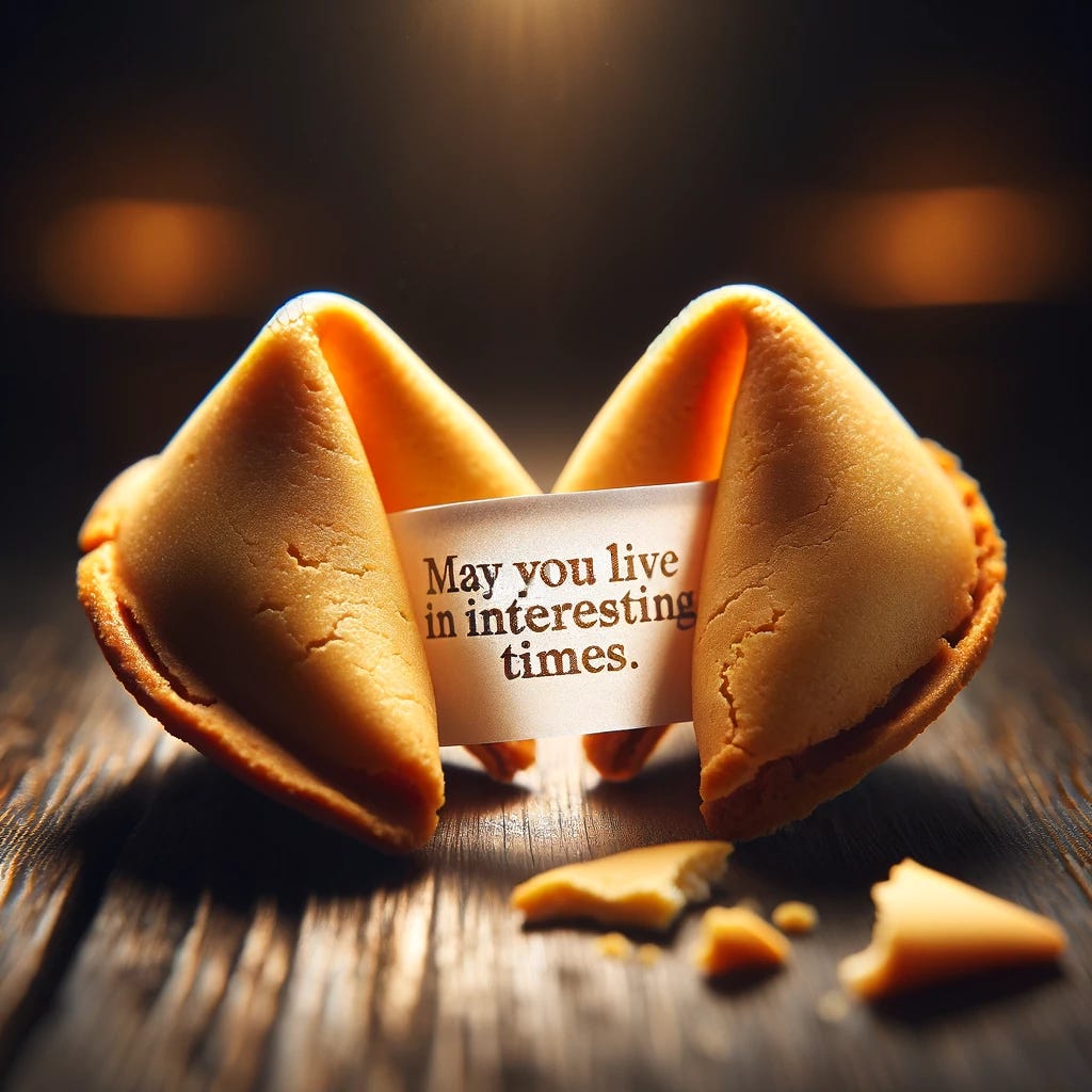 A beautifully lit, close-up image of a cracked open fortune cookie on a dark wooden table. The golden-brown cookie is slightly parted, with a piece of paper protruding from its center. The paper is unfolded enough to reveal the message "May you live in interesting times" in an elegant, handwritten-style font. The lighting highlights the texture of the cookie and the crispness of the paper, creating a warm, inviting atmosphere. The background is blurred, focusing the viewer's attention on the fortune message and the cookie.