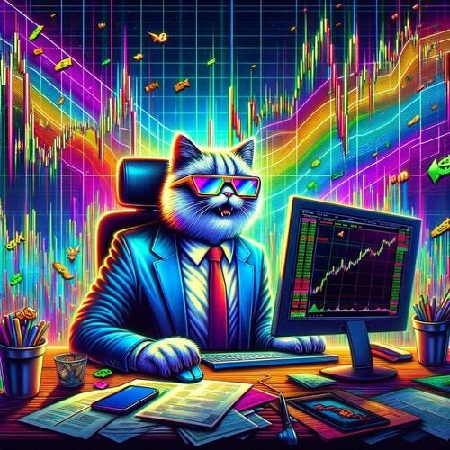 An AI image of an anthropomorphic cat trading stocks. 