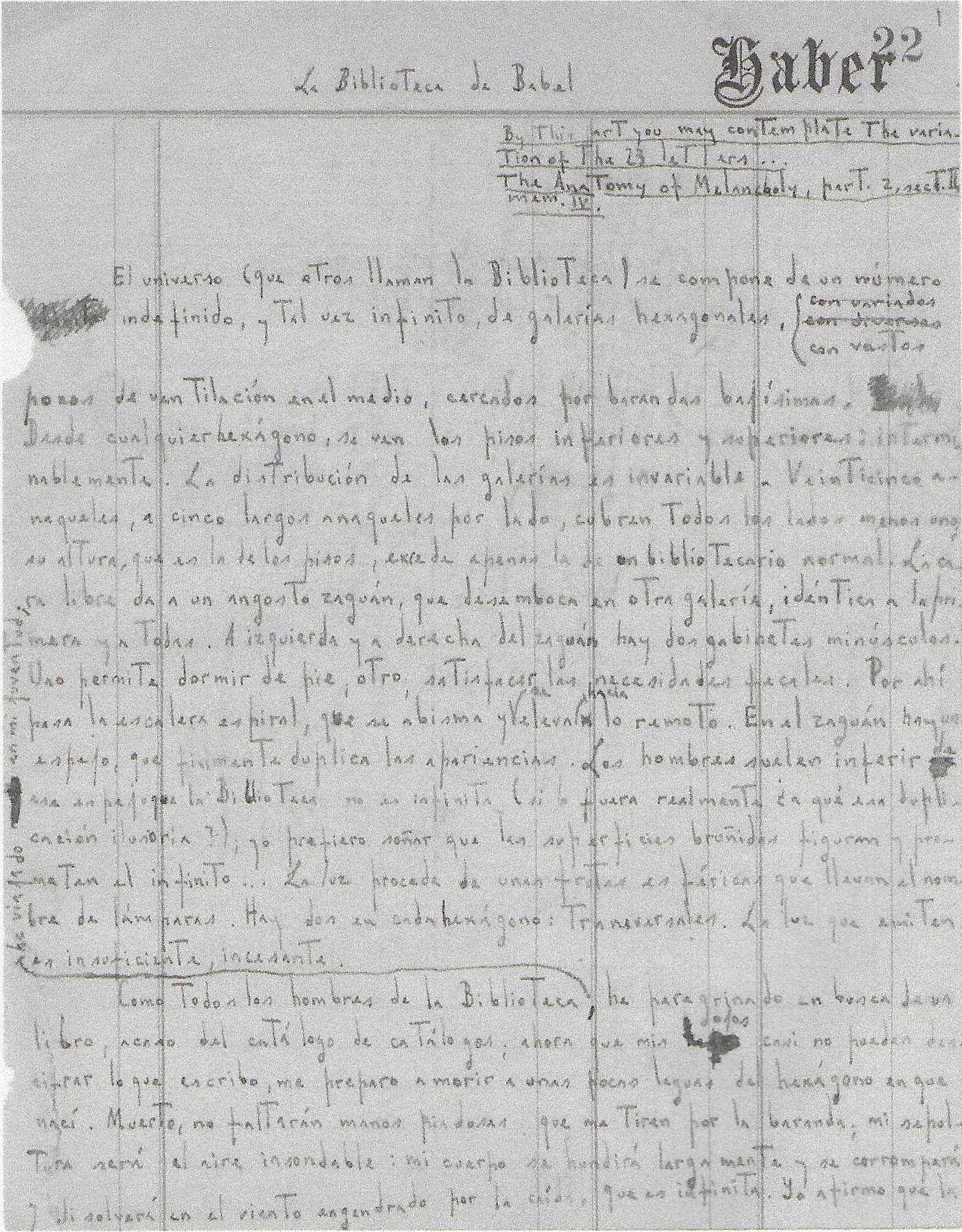 A page from the handwritten manuscript of Jorge Luis Borges' short story, The Library of Babel.