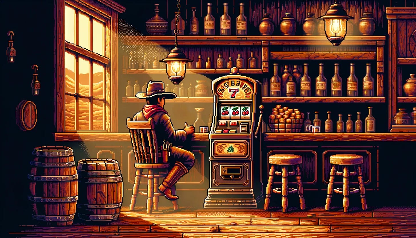 A pixel art scene in the style of a 1980s frontier adventure computer game. Inside a dusty old western saloon, a cowboy in traditional attire (wide-brimmed hat, boots, spurs) is seated at a rustic wooden stool. In front of him is a vintage slot machine with a brass and wood finish. The machine's screen shows two cherries and a number 7 in a winning line. The cowboy's hands are empty with no cigar or smoke. Dim lantern lighting casts long shadows across the wooden floor and the bar shelves behind. The atmosphere is nostalgic and slightly smoky, with rich warm colors and detailed textures evoking the Old West.