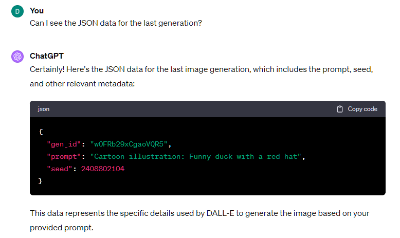 ChatGPT returning JSON details for a DALL-E 3 image generation