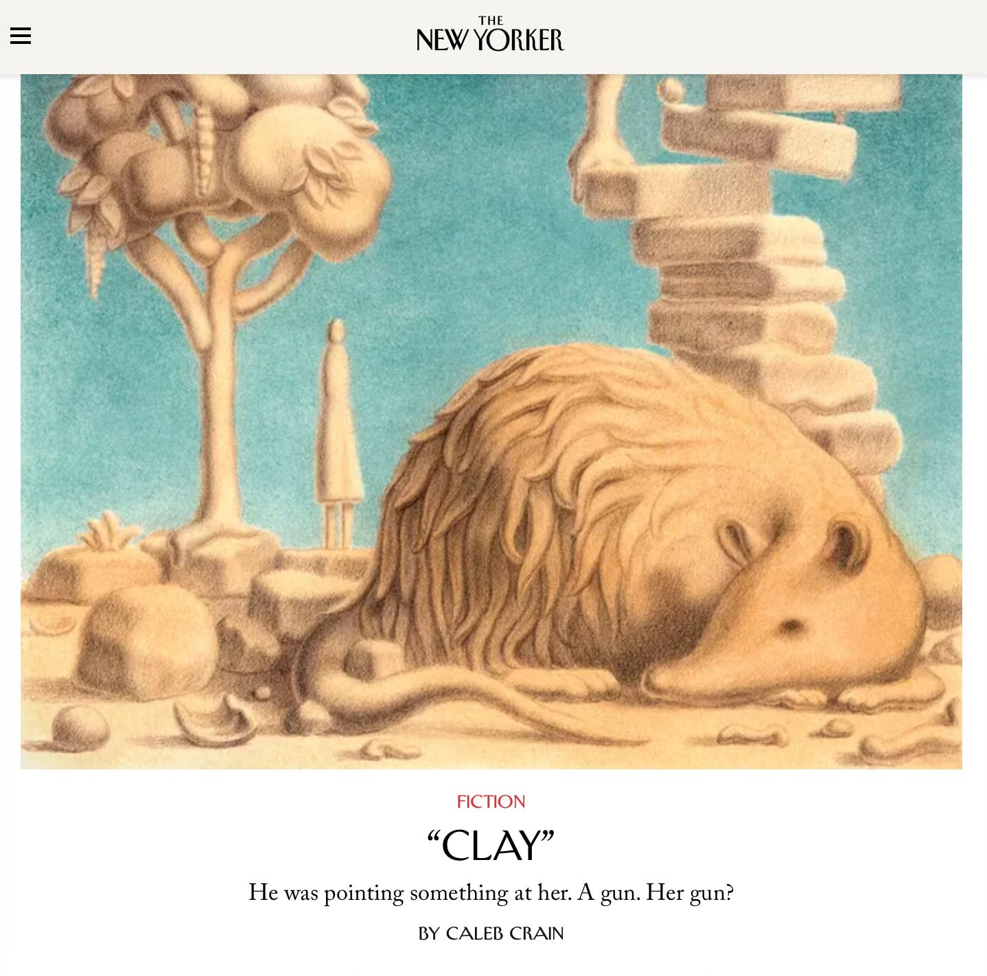 Screenshot of the New Yorker's website, showing a colored drawing of a series of yellowish figures in clay, including a possum and a woman, above the title of a short story, "Clay"