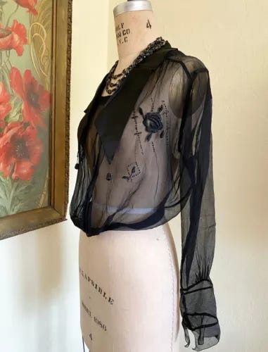 Antique Edwardian Blouse Black Silk Chiffon Floral Embroidered Beaded Top Shirt - Picture 1 of 8