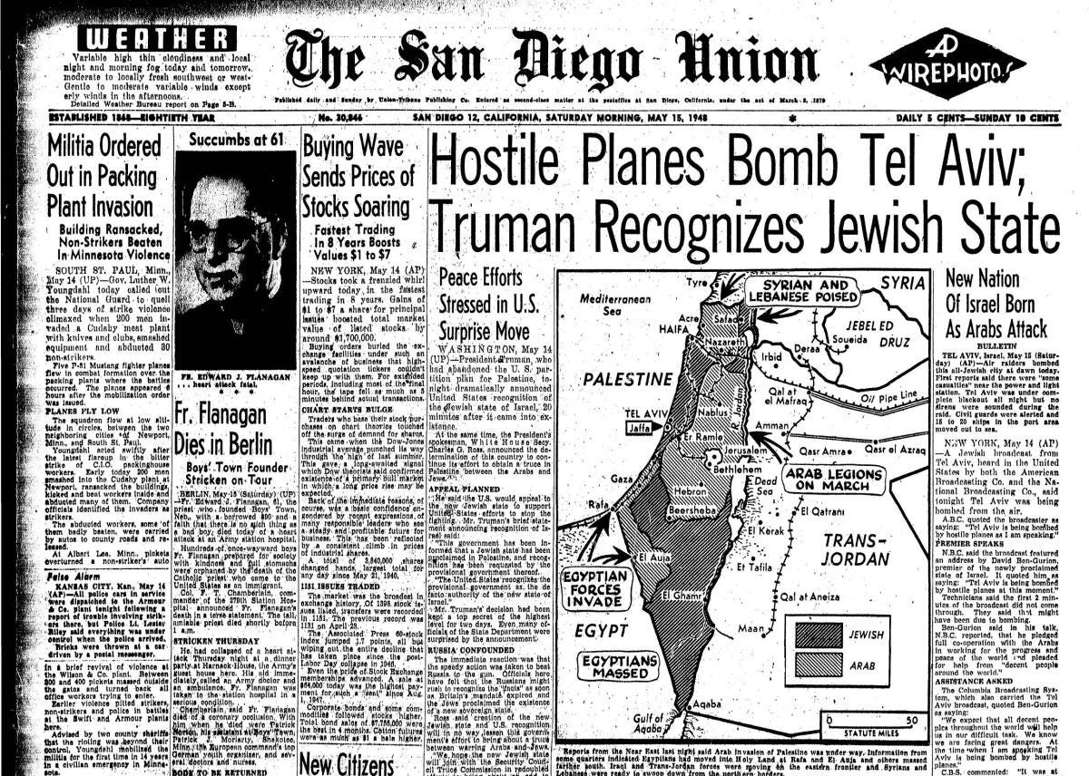 From the Archives: Nation of Israel was born 75 years ago - The San Diego  Union-Tribune