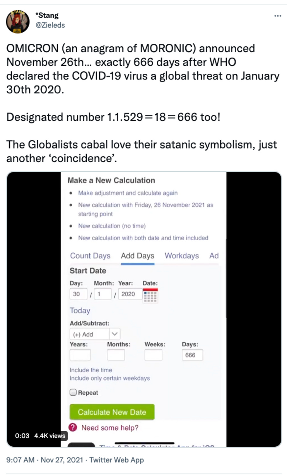 OMICRON (an anagram of MORONIC) announced November 26th\u2026 exactly 666 days after WHO declared the COVID-19 virus a global threat on January 30th 2020.  Designated number 1.1.529\uff1d18\uff1d666 too!  The Globalists cabal love their satanic symbolism, just another \u2018coincidence\u2019.