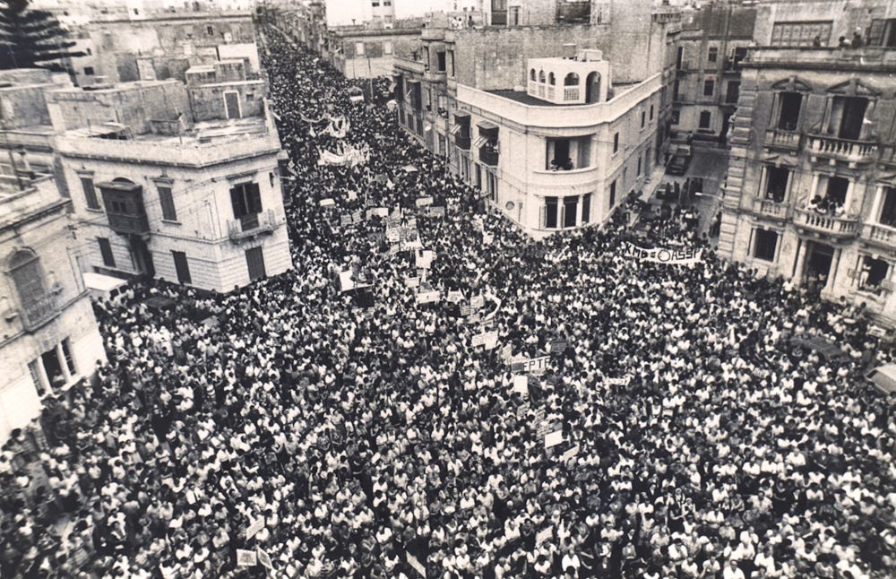 A massive public demonstration in Dingli Street, Sliema in 1984 over the Church schools saga