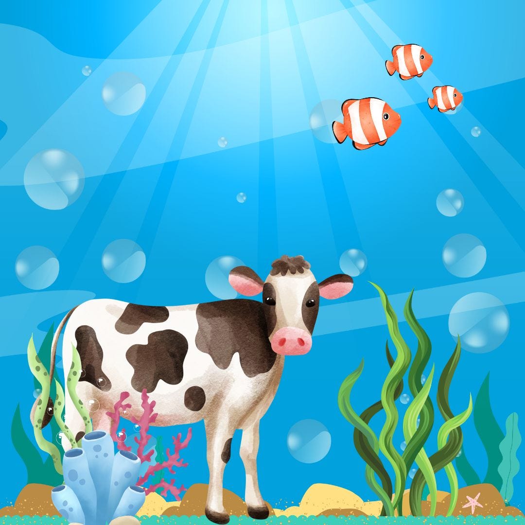 A cow walking on the bottom of the ocean floor.