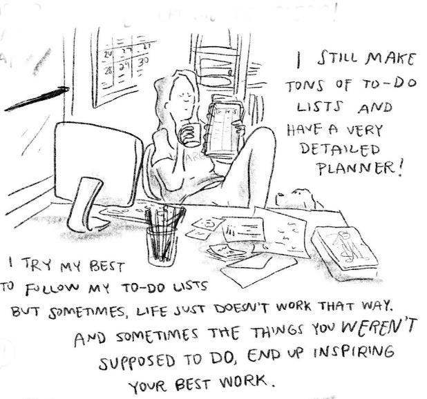Hilary Fitzgerald Campbell cartoon of a woman drinking coffee and reading her to-do list.