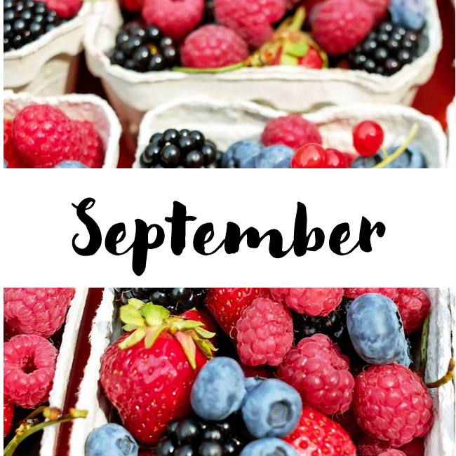 The word "September" against a backdrop of punnets of fruit