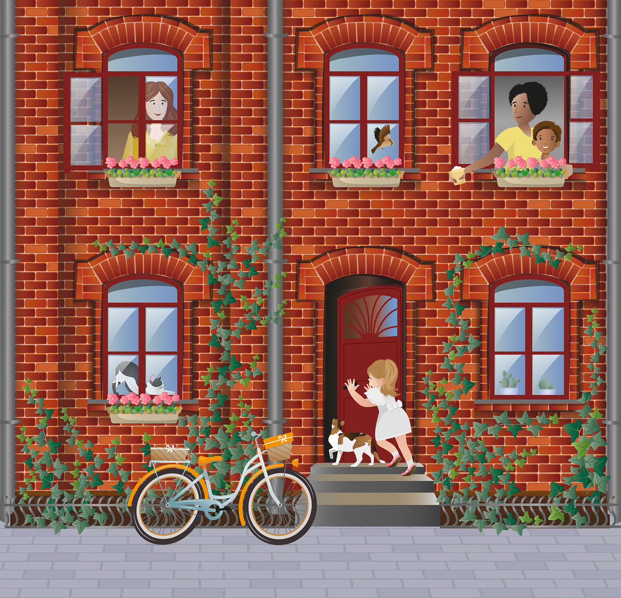 Illustration of a brick building split into apartments with two different sets of neighbours looking out of the windows. On the left, a woman with long brown hair. On the right, a woman and young child. A little girl is coming in the front door with her cat. A bicycle is parked outside.