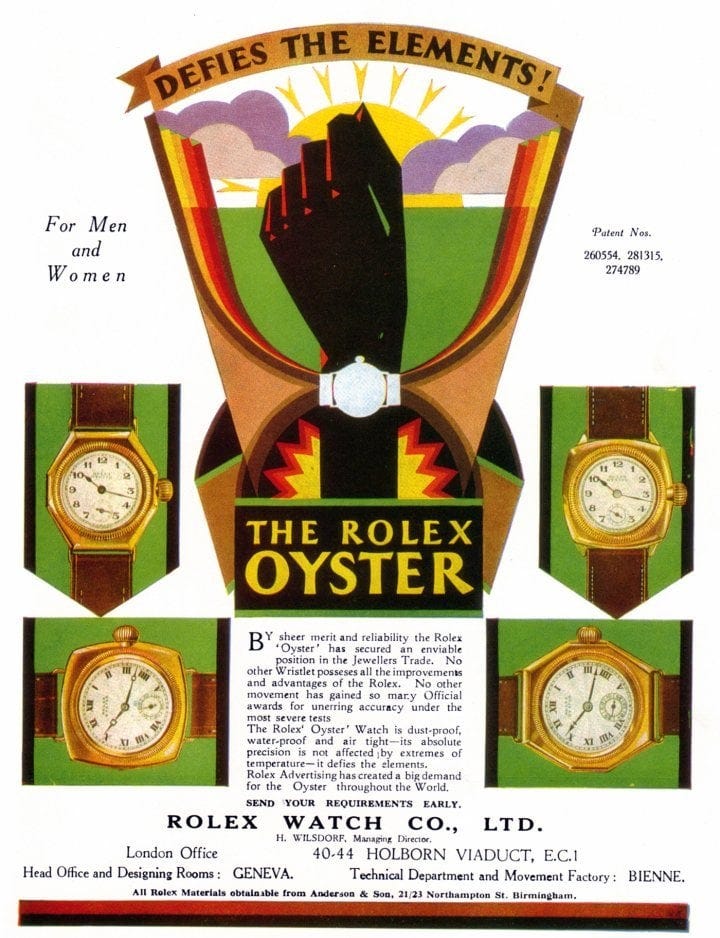 1928: This presentation introducing the Rolex Oyster – the watch that “defies the elements” – emphasises a recurring theme in Rolex communication: precision certified and recognised by official control agencies.
