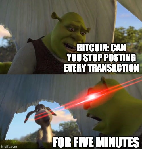 Shrek For Five Minutes | BITCOIN: CAN YOU STOP POSTING EVERY TRANSACTION; FOR FIVE MINUTES | image tagged in shrek for five minutes | made w/ Imgflip meme maker