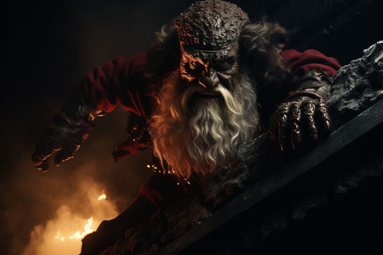 Klingon-looking Santa facing the camera and climbing down a chimney