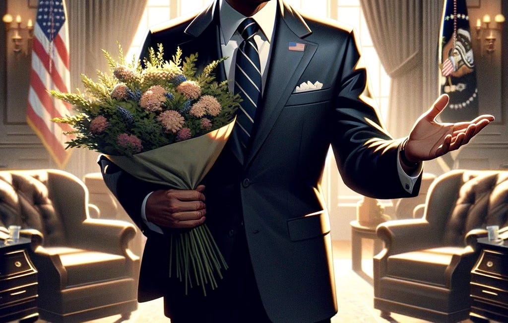 A president stands with a bouquet of flowers.