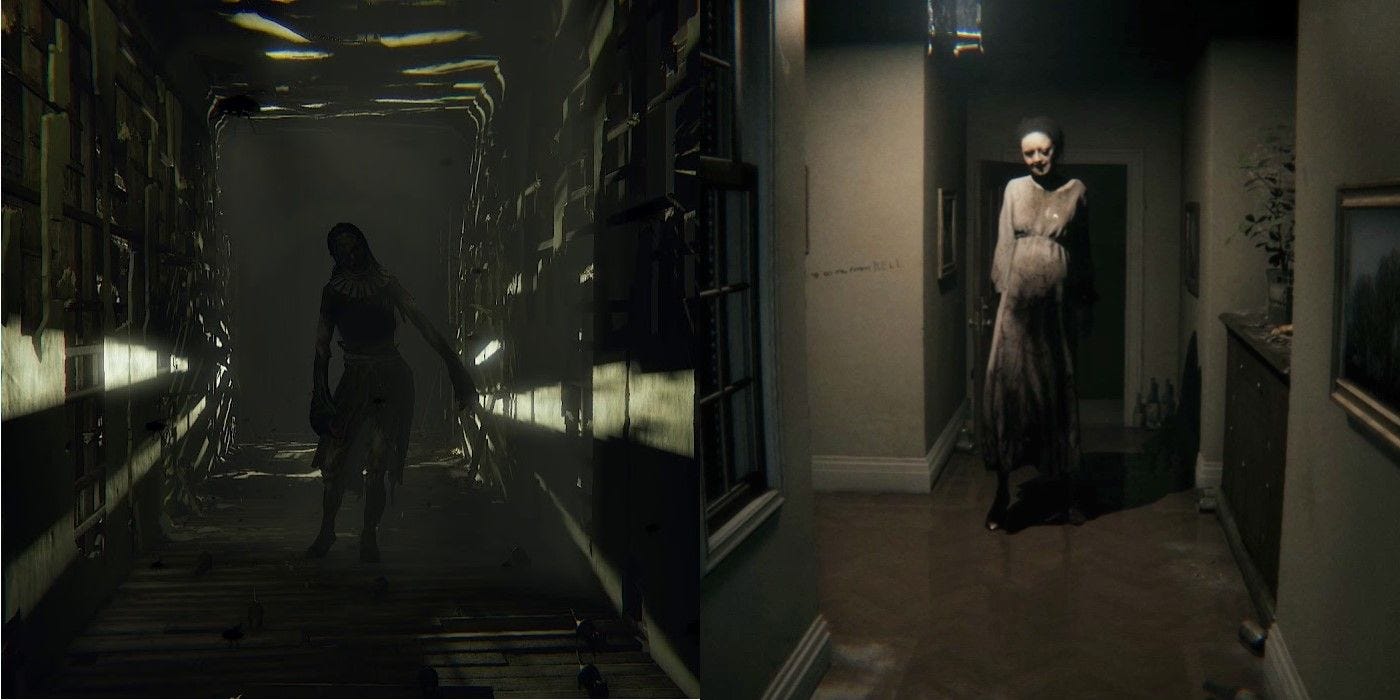 A side-by-side comparison of the wife from Layers of Fear and Lisa from P.T. There is a striking resemblance to the way the two stand in the middle of the hallway of their respective houses.