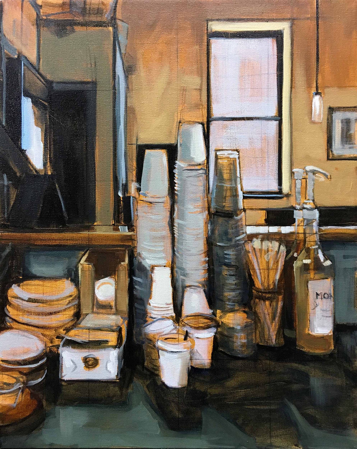 A painting of a counter with a stack of cups and plates

Description automatically generated