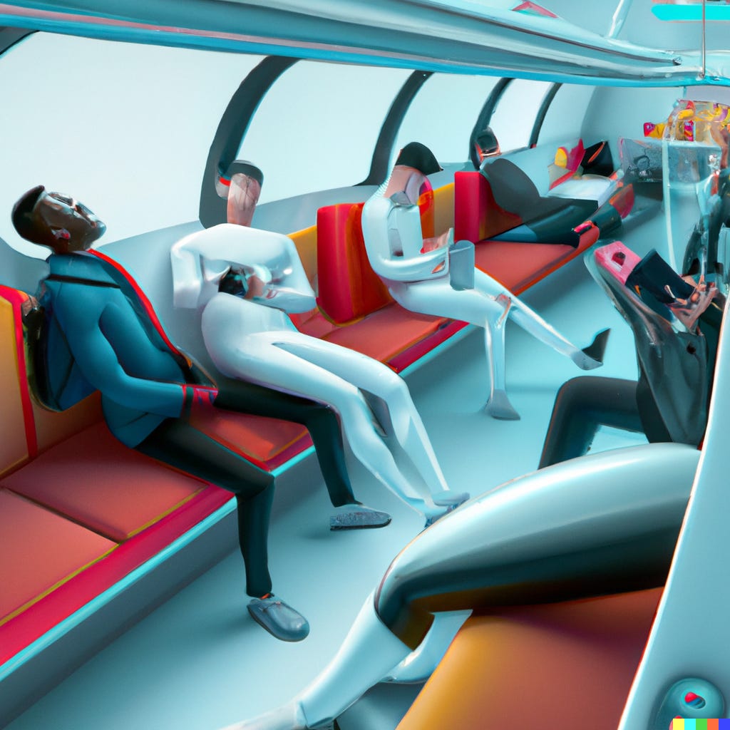 Futuristic train with sleepy passengers