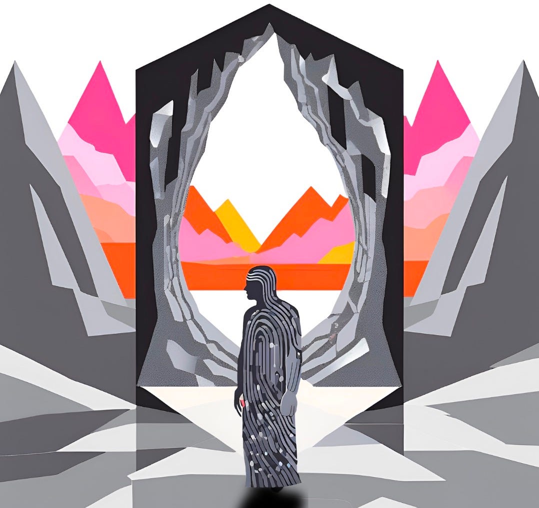 A colorful stylized graphic of a human silhouette with circuit like lines superimposed looking through a large portal with a peaked top. The figure is slightly in profile but looking away from the viewer. The portal and the cave like structure behind it are in shades of black, white, and gray. The mountains in the distance through the portal are colorful in mauve, orange, and magenta.