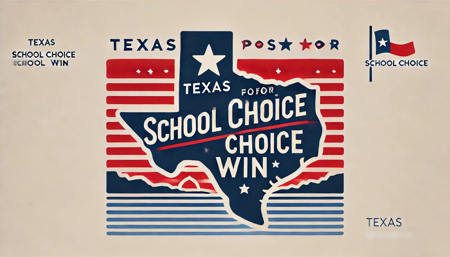 Create a simple, minimalist landscape graphic for the title 'TEXAS POISED FOR SCHOOL CHOICE WIN' with a patriotic theme in red, white, and blue. Use bold, clean typography, and incorporate subtle Texas-themed elements, such as faint stars or a state outline, to convey optimism and progress. Keep the design uncluttered, with a professional feel, suitable for a headline or announcement about educational reform.