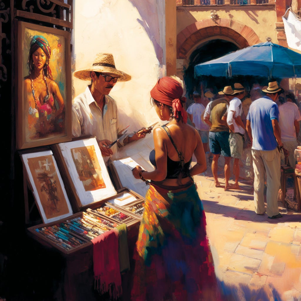 Woman standing beside a display selling paintings in a marketplace