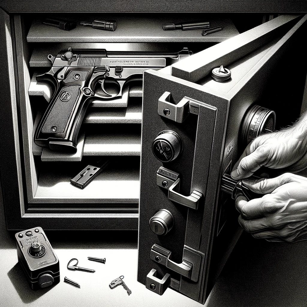 A black and white drawing illustrating the process of locking a gun inside a safe. The scene captures a moment where a person's hand is placing a gun into the open door of a sturdy, heavy-duty safe. The safe's interior is equipped with padded racks for safely storing firearms. Alongside the gun, there's a visible locking mechanism on the safe door, including a combination dial and a key lock, ready to be secured. The drawing emphasizes safety and responsibility, with a focus on the secure storage of firearms.