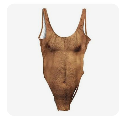 A women's swimsuit covered in an image of a man's torso. the nipples line up, the chest is covered in hair, and there's a bellybutton.