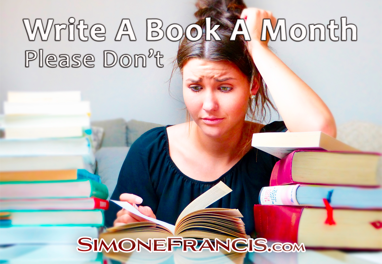 Woman pulling her hair whilst surrounded by a pile of books