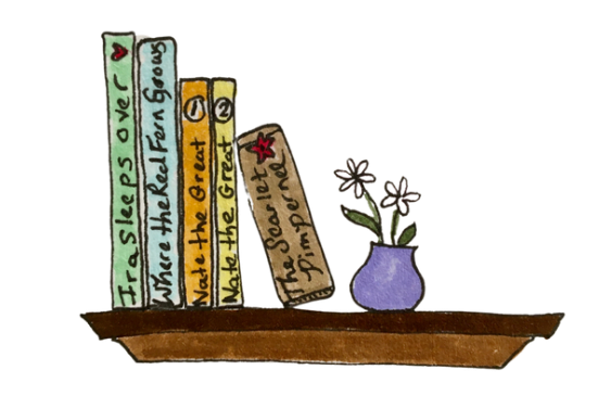 Illustration of a small brown shelf holding books mentioned in the article and a purple vase with little white flowers in it