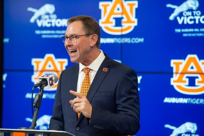 Auburn athletic director John Cohen is introduced at the Auburn Athletic Complex in Auburn, Ala., on Tuesday, Nov. 8, 2022
