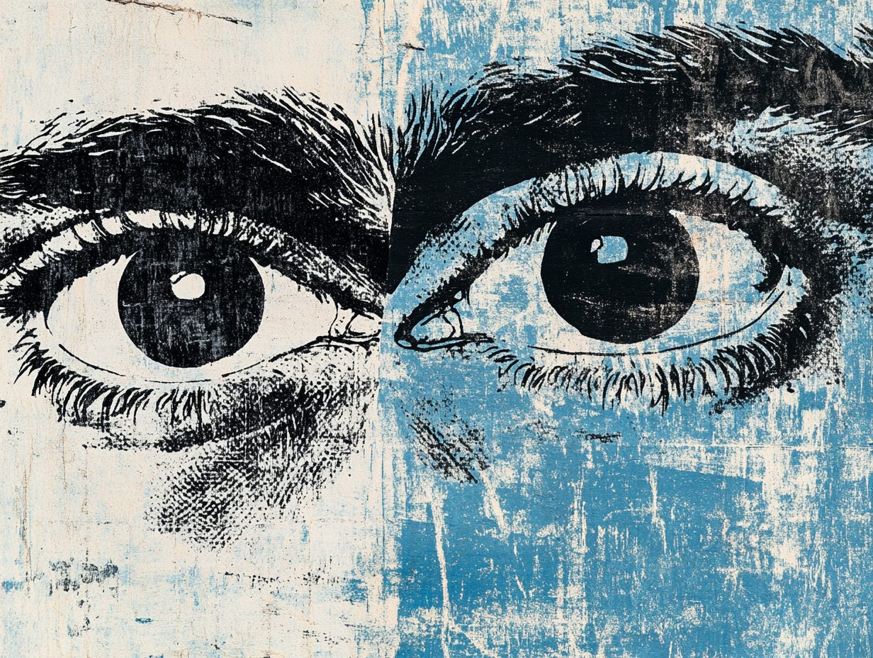 A textured graphic of two large eyes