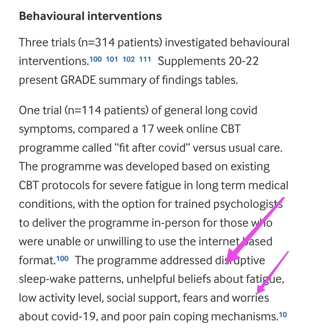 Behavioural interventions    Three trials (n=314 patients) investigated behavioural interventions.100101102111 Supplements 20-22 present GRADE summary of findings tables.    One trial (n=114 patients) of general long covid symptoms compared a 17 week online CBT programme called “fit after covid” versus usual care. The programme was developed based on existing CBT protocols for severe fatigue in long-term medical conditions, with the option for trained psychologists to deliver the programme in-person for those who were unable or unwilling to use the internet based format.100 The programme addressed disruptive sleep-wake patterns, unhelpful beliefs about fatigue, low activity level, social support, fears and worries about covid-19, and poor pain coping mechanisms.100